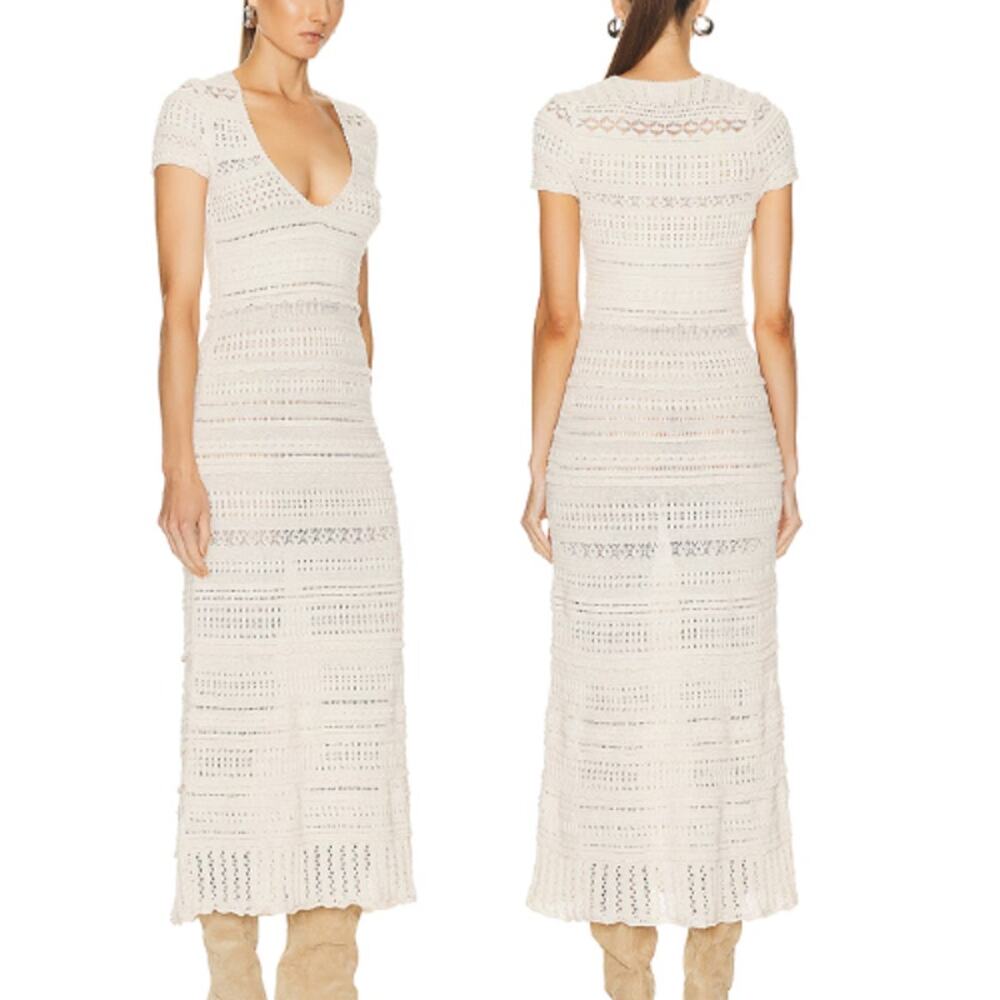 NEW Isabel Marant Etoile Jinny Crochet Knit V Neck Maxi Dress Cream Size: 36